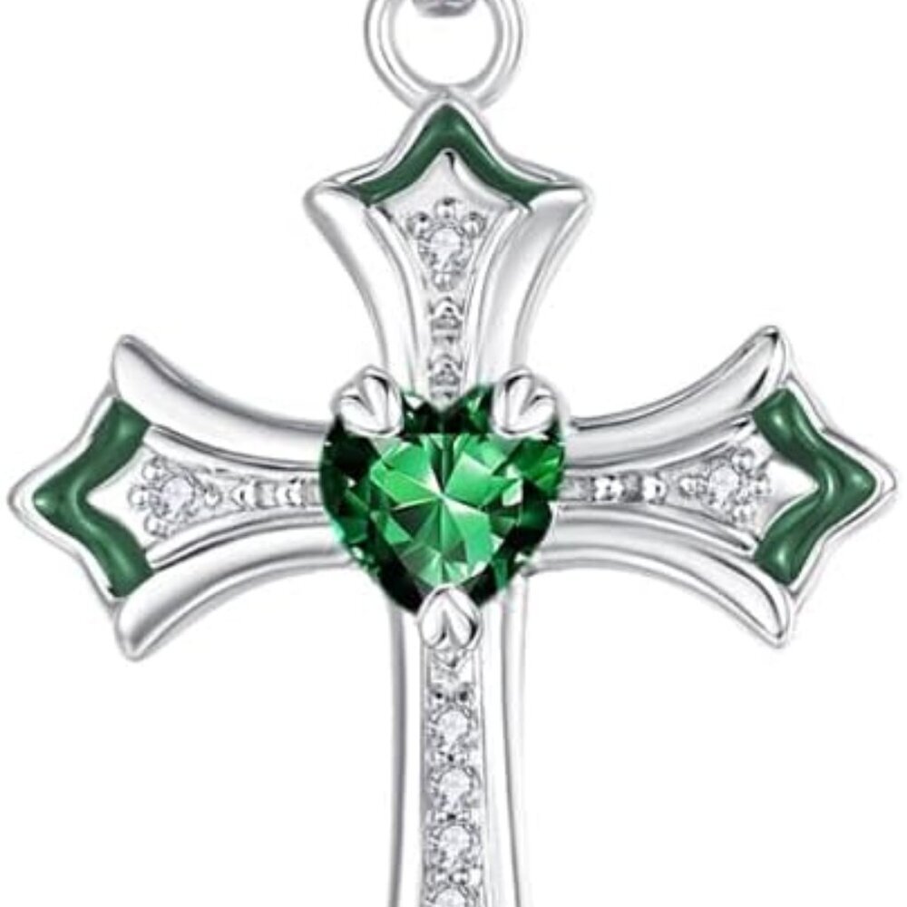 Cross Necklace for Women, Heart CZ Birthstone Pendant Necklace Crucifix, Birthda